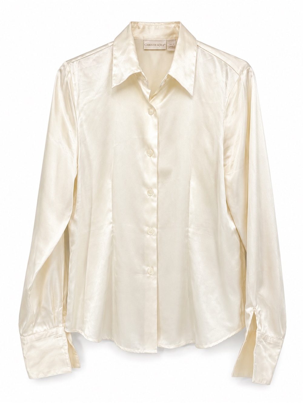 Christie & Jill Ivory Satin Button Up Blouse Top Size 10 Vintage